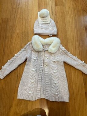 Catherine Malandrino Cream Cable Knit Sweater Coat & Pom Hat Set